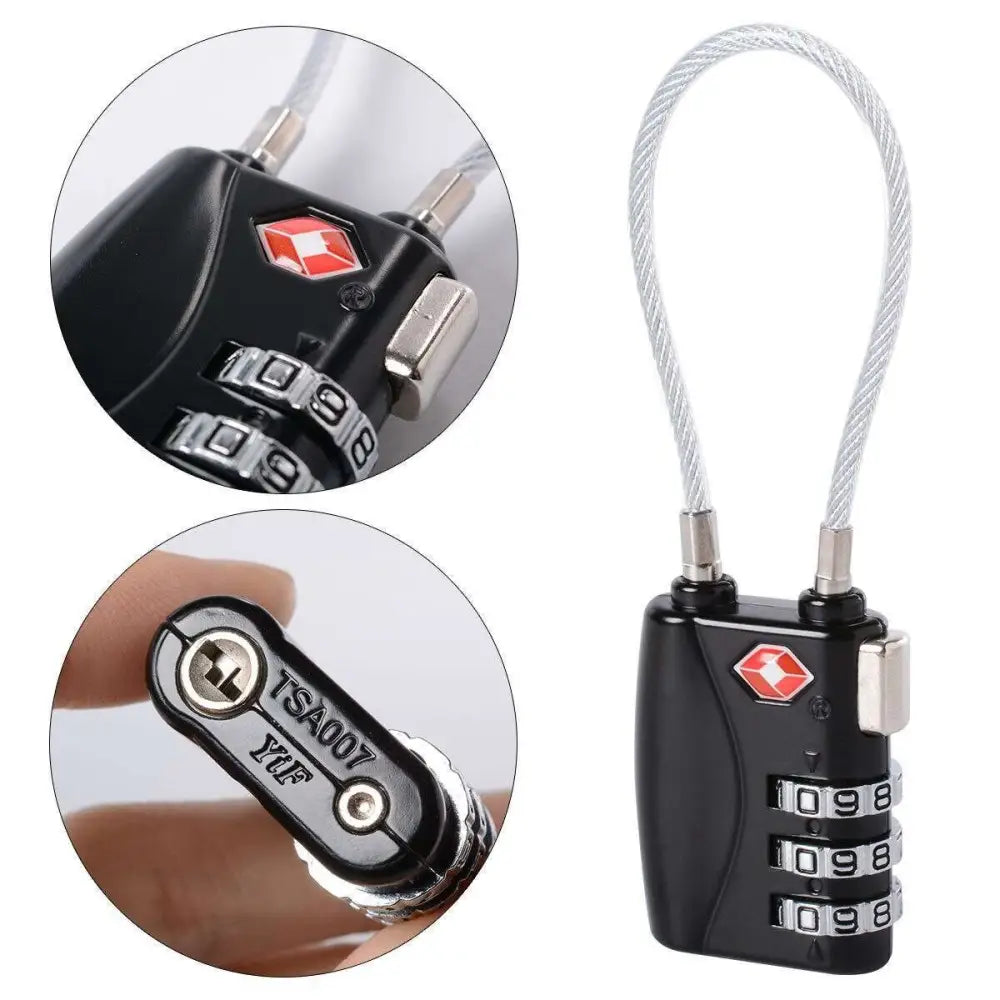 Black tsa approved suitcase travel cable lock with silver dial and braided steel cable for secure suitcase travel