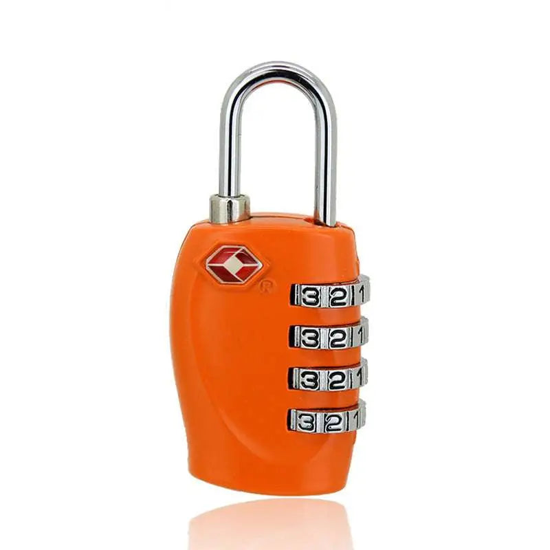 Bright orange tsa approved suitcase travel cable lock with silver shackle and four rotating dials for secure suitcase travel