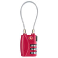 Tsa approved suitcase travel cable lock in red plastic with silver cable and three rotating dials for secure suitcase travel