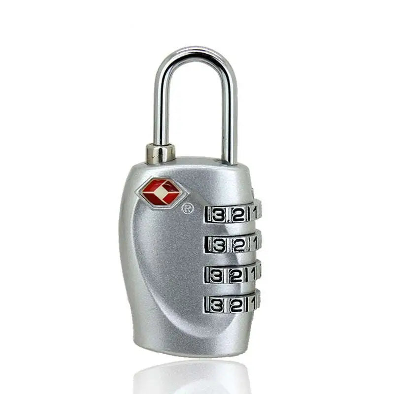 Silver-colored tsa approved suitcase travel cable lock with four rotating dials and red and white logo for secure suitcase travel