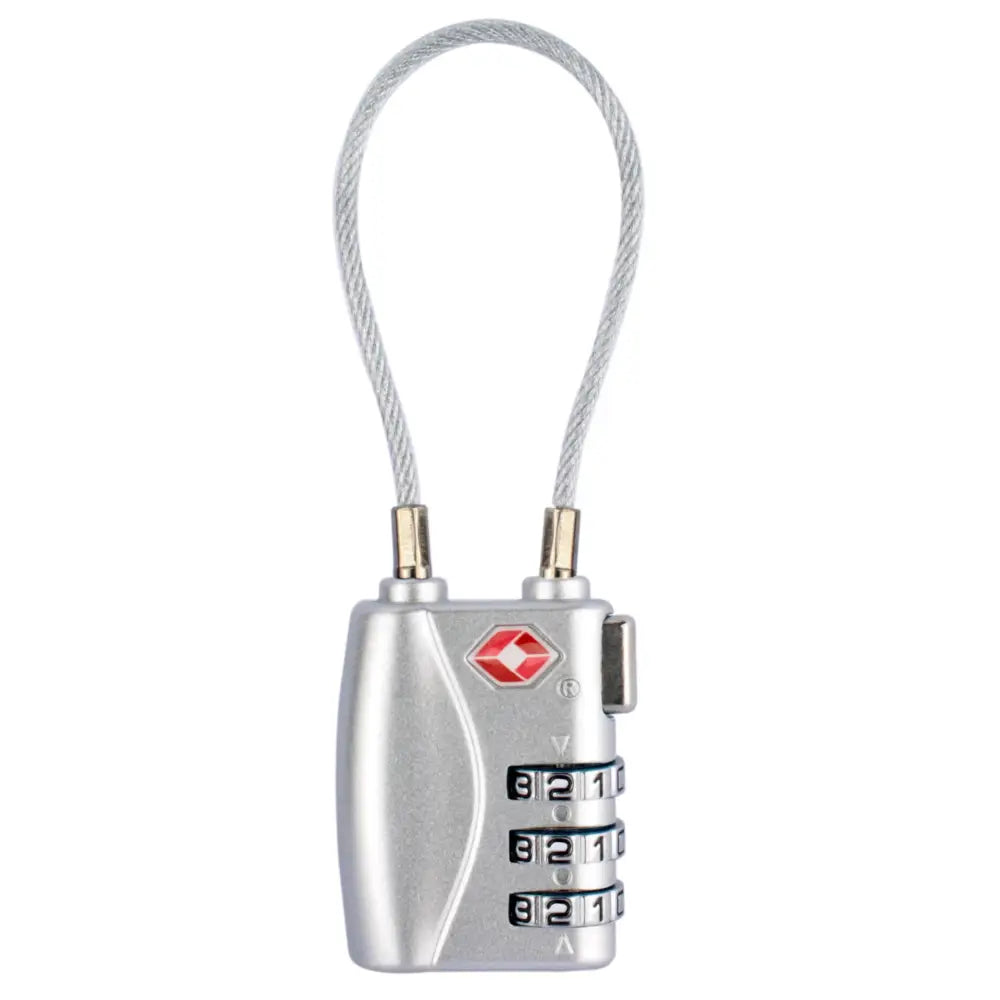 Silver tsa approved suitcase travel cable lock with red logo, three dials, and sturdy steel cable for secure suitcase travel