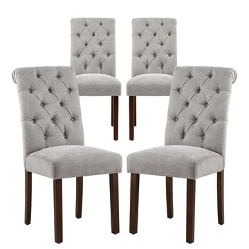 Set of four gray tufted fabric dining chairs with durable solid wood legs and linen-look fabric stretched upholstery