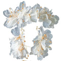 Delicate silver and white tulle flower headband earring set adorned with gold-toned beads and organza tulle flowers