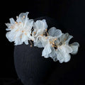 Elegant white organza tulle flower headband earring set adorned with delicate gold wire and tiny beads