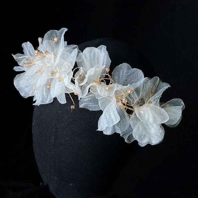 Elegant white organza tulle flower headband earring set adorned with delicate gold wire and tiny beads