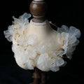 Delicate ivory lace choker with gold-toned wire and pearl-like beads in tulle flower headband earring set adorned