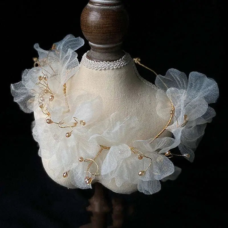 Delicate ivory lace choker with gold-toned wire and pearl-like beads in tulle flower headband earring set adorned