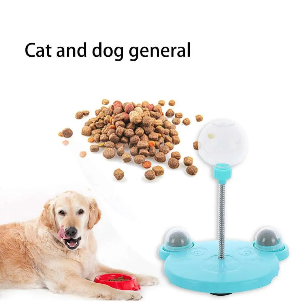 Light blue plastic tumbler feeder cat toy with transparent dome and silver telescoping pole for pet food dispensing