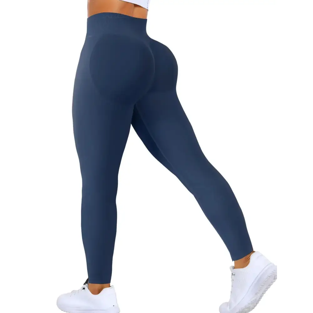 Navy blue high-waisted tummy control butt lifting yoga leggings in aseray motion flex smooth stretch fabric