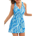 Vibrant blue ladies tankini with tummy control and detachable bra featuring white tropical leaf pattern