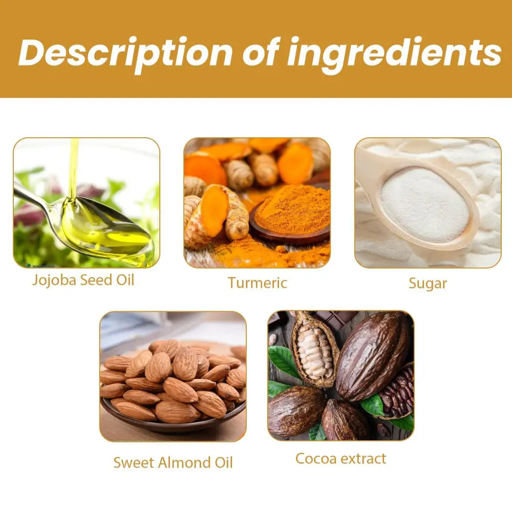 Product label showing turmeric body scrub ingredients including jojoba seed oil turmeric powder sugar and sweet almond oil