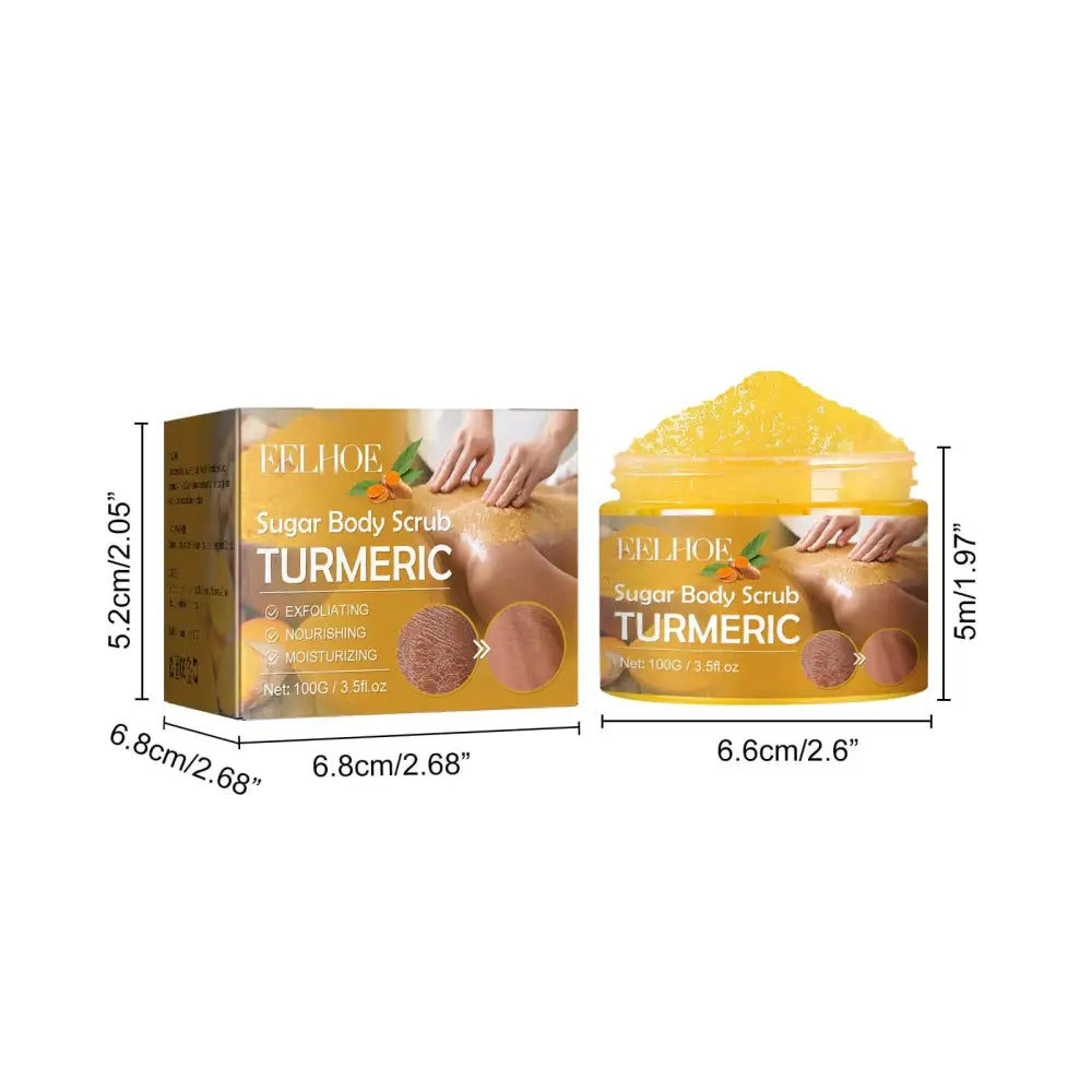 A golden-yellow turmeric body scrub in a glass jar with jojoba seed oil and sweet almond oil for exfoliating and smoothing