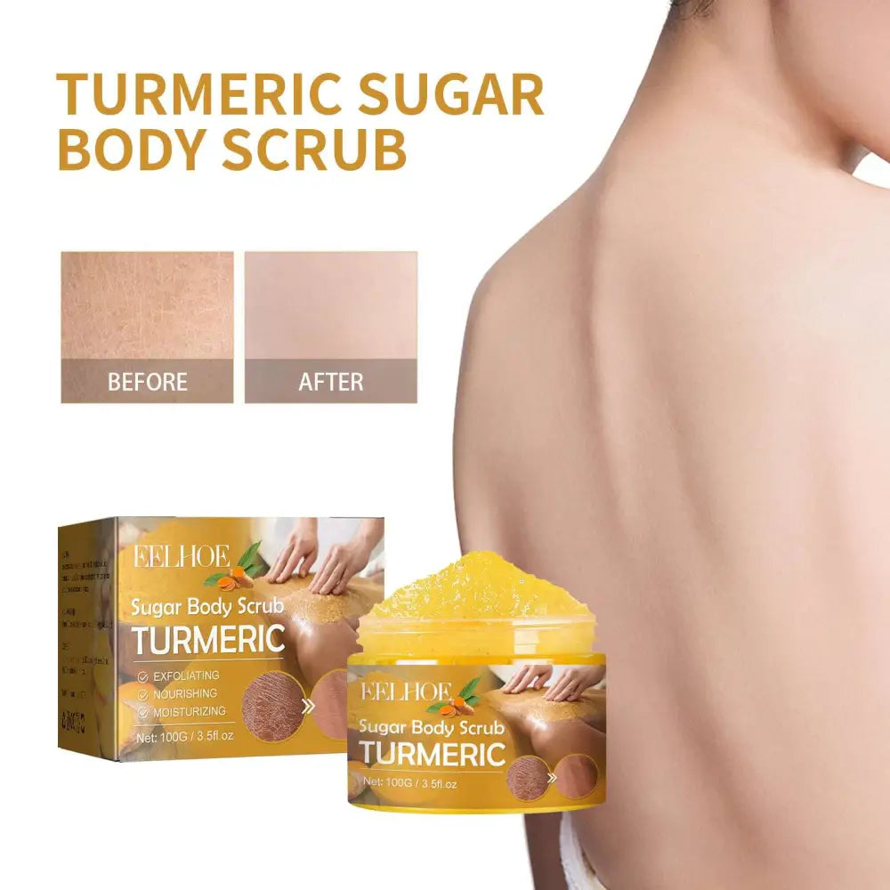 Yellow turmeric body scrub in clear jar with orange label and gold accents for exfoliating with jojoba and almond oil