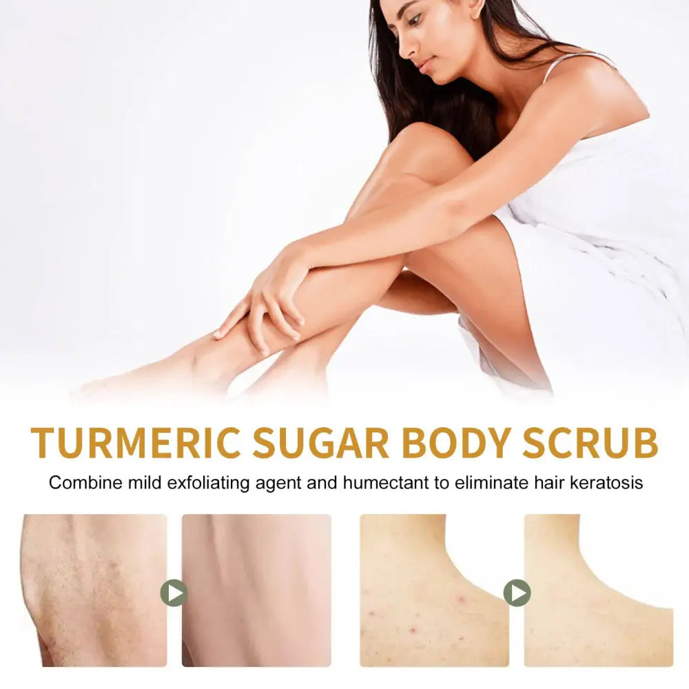 Turmeric body scrub in a sleek white jar with jojoba seed oil and sweet almond oil for gentle exfoliation and smoothing