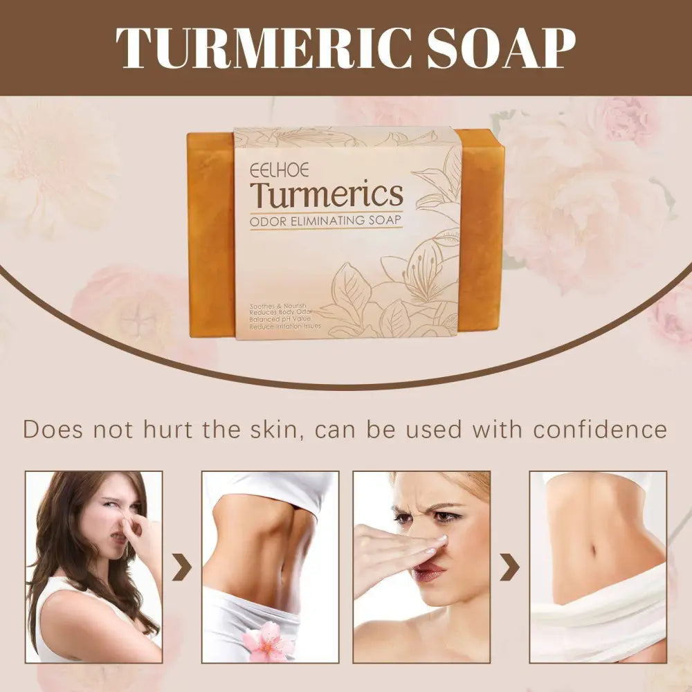 A rectangular bar of eelhoe turmeric cleansing soap wrapped in beige paper with leaf illustrations and orange sides for odor elimination