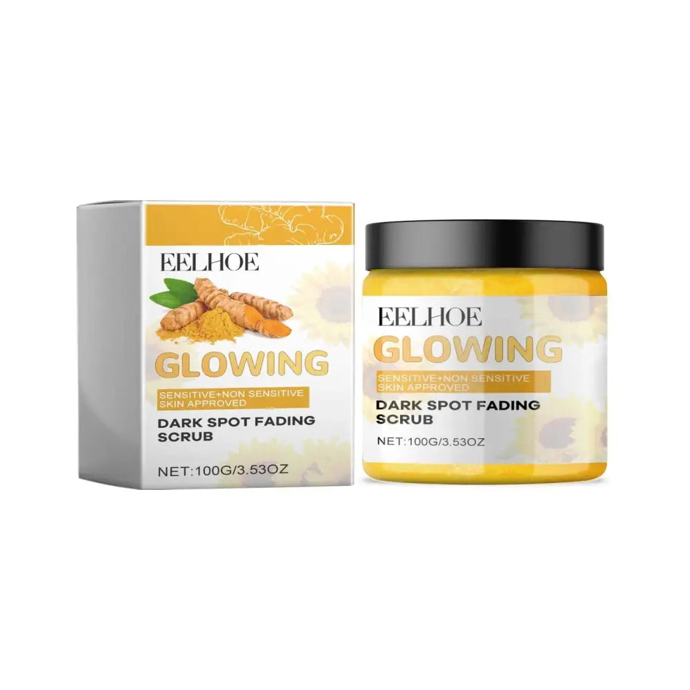 Yellow jar of turmeric exfoliating facial scrub with black lid and matching box for dark spot fading