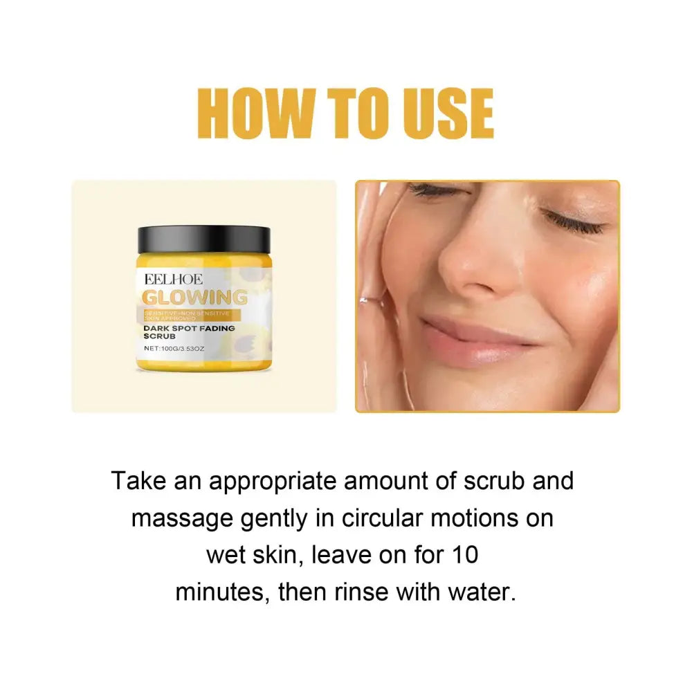 Yellow jar with black lid labeled eelhoe glowing sensitive dark spot fading scrub turmeric exfoliating facial spot fading scrub