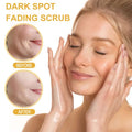 A woman with blonde hair applying turmeric exfoliating facial scrub for dark spot fading showing before and after results