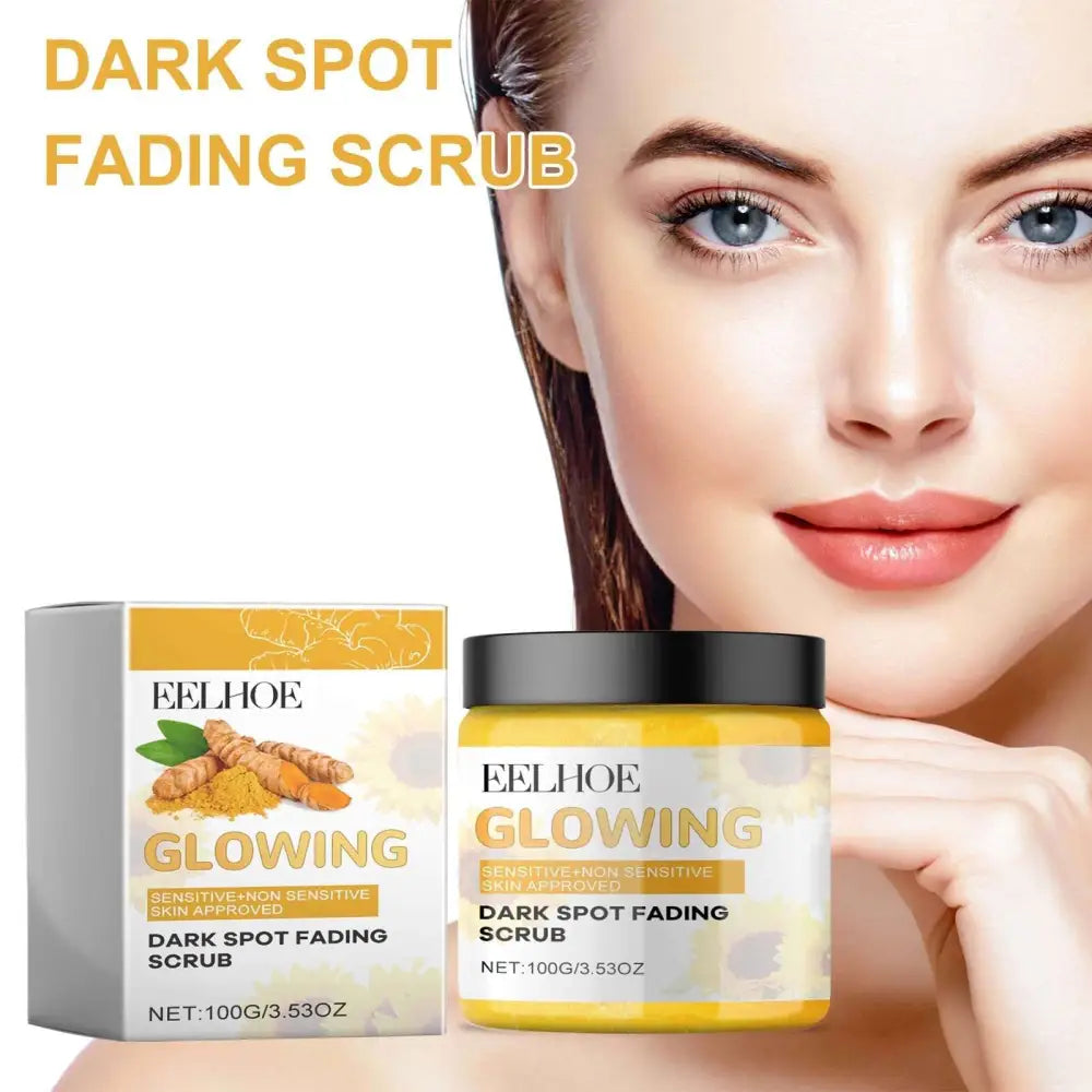 Yellow jar of turmeric exfoliating facial scrub with black lid and box for dark spot fading and spot fading scrub use