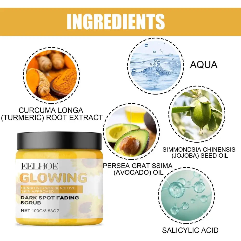 A yellow jar with a black lid of turmeric exfoliating facial scrub for dark spot fading contains creamy scrub