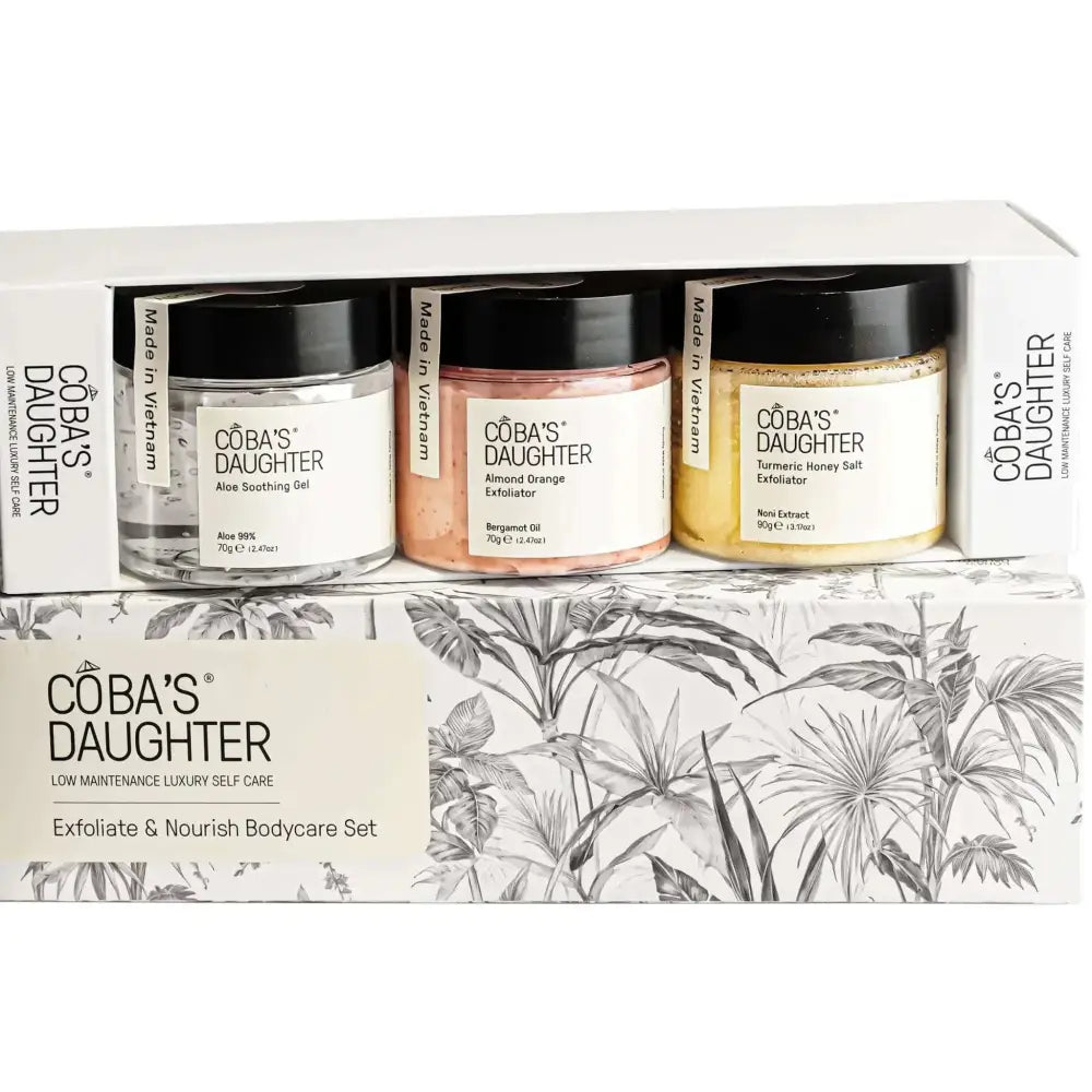 Coba’s daughter exfoliate and nourish bodycare set with turmeric honey salt, almond orange scrub, and aloe soothing gel in glass jars