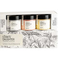 Coba daughter bodycare set with turmeric honey salt, almond orange scrub, and aloe soothing gel in glass jars