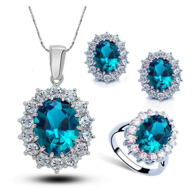 Elegant turquoise crystal jewelry bridal necklace earrings and ring set with clear crystals and silver-toned metal settings