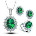 Elegant emerald green bridal necklace earrings and ring set featuring turquoise crystal jewelry with clear stone halos