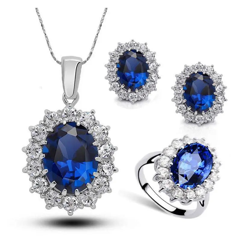 Elegant silver turquoise crystal jewelry bridal necklace earrings and ring set with oval blue sapphire and clear stones