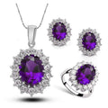 Elegant purple amethyst and diamond crystal jewelry bridal necklace earrings and ring set with silver-toned metalwork