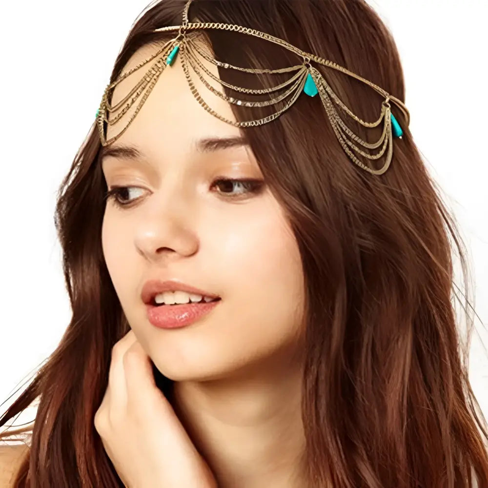 Turquoise ethnic style tasseled headband adorned with turquoise teardrop beads and delicate gold-toned chain tassels