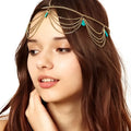 Turquoise ethnic style tasseled headband adorned with turquoise teardrop beads and delicate gold-toned chain tassels