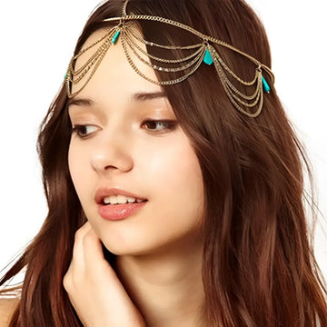 Turquoise ethnic style tasseled headband adorned with turquoise teardrop beads and delicate gold-toned chain tassels