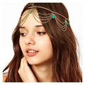Delicate gold-toned chain tasseled headband adorned with turquoise teardrop beads for ethnic style wear