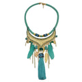 Turquoise gold feather leaf tassel necklace featuring a hammered gold centerpiece, blue beads, green stones, and feathers