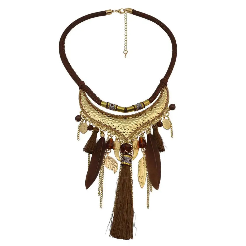 Brown leather cord turquoise gold feather leaf tassel necklace with gold metalwork and dangling feathers and tassels