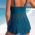 Teal lace one-piece personalized bikini swimsuit with solid bandeau top and delicate patterned mesh skirt with tied waistband