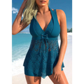 Teal lace fashion personalized bikini swimsuit with plunging neckline and tied waistband for stylish beachwear