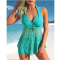 Turquoise lace fashion personalized bikini swimsuit with a plunging neckline and a tied waistband design