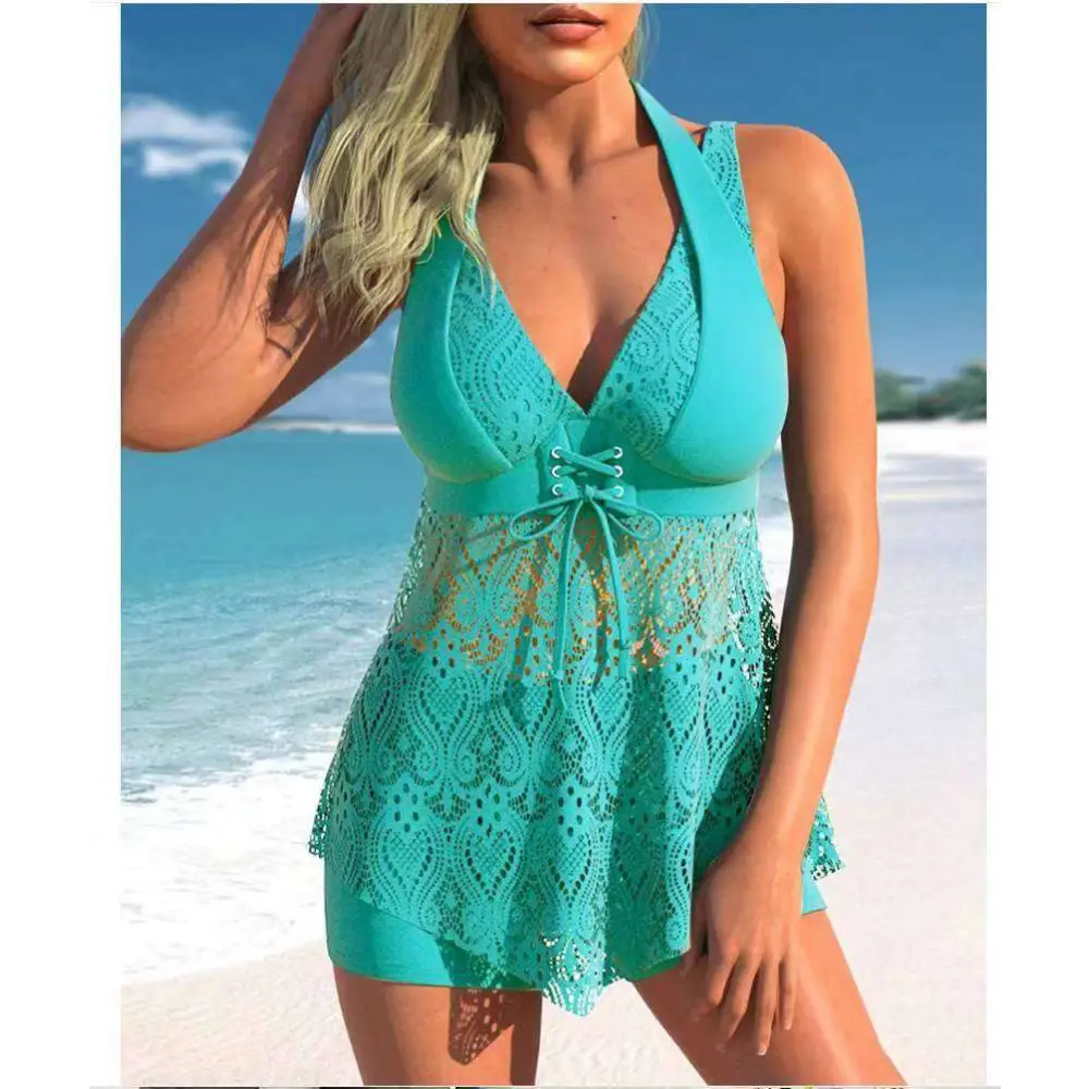 Turquoise lace fashion personalized bikini swimsuit with a plunging neckline and a tied waistband design