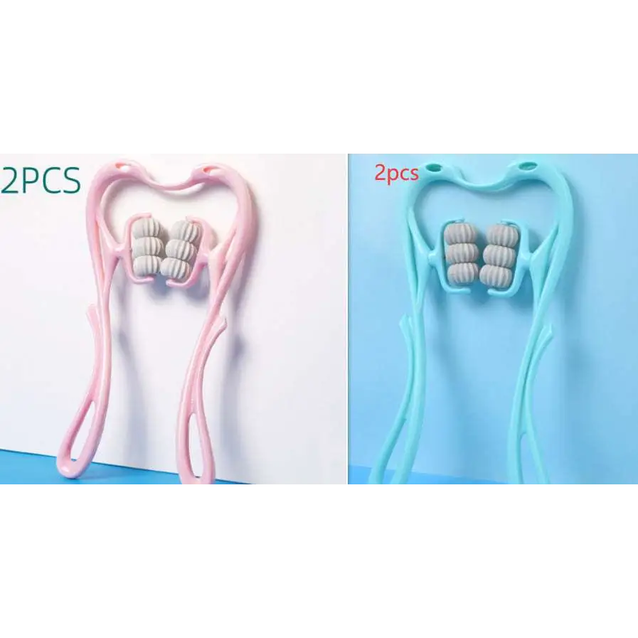 Pink and light blue plastic neck massager massage with gray textured rollers from the turquoise six wheel relieve tool