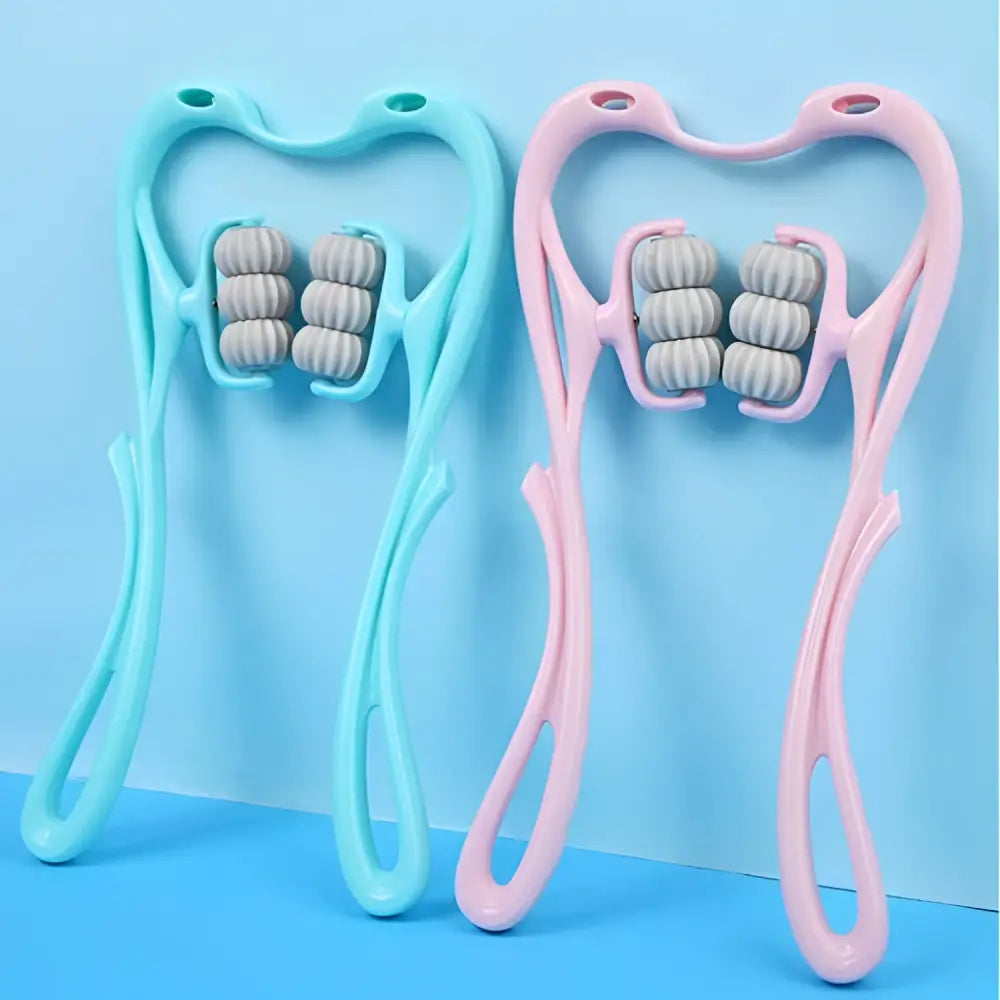 Two ergonomic turquoise six wheel neck massager massage devices in light blue and pink with textured gray rollers for relief