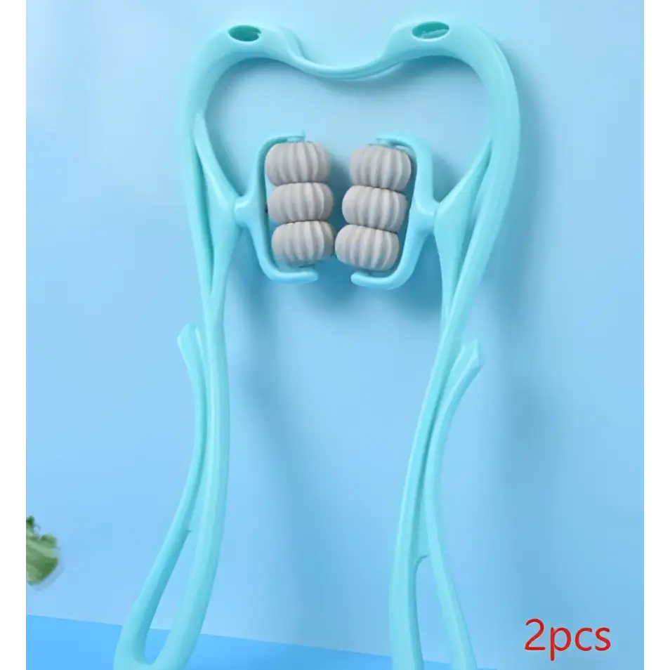 Light blue plastic neck massager massage tool with four textured rollers for massager massage relieve, turquoise six wheel design