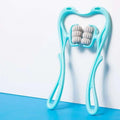 Turquoise six wheel neck massager massage tool with light blue plastic body and four gray ribbed rollers for relief