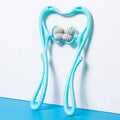 Turquoise six wheel neck massager massage tool with light blue plastic frame and two gray ribbed spherical rollers