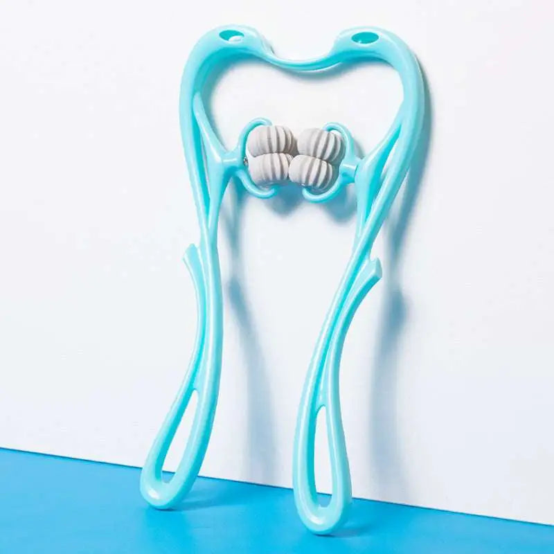 Turquoise six wheel neck massager massage tool with light blue plastic frame and two gray ribbed spherical rollers
