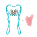 Turquoise six wheel neck massager massage tool with light blue plastic frame and four gray textured rollers plus pink jade scraper