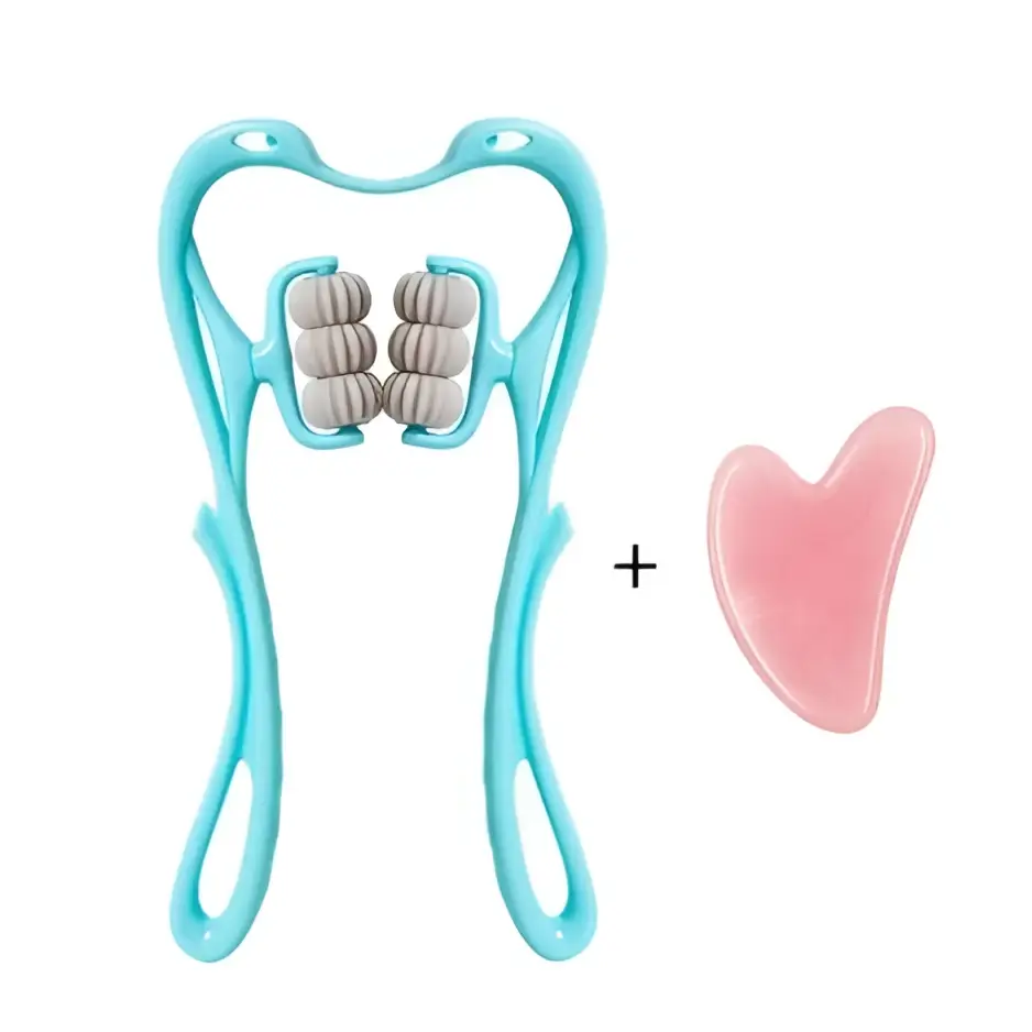 Turquoise six wheel neck massager massage tool with light blue plastic frame and four gray textured rollers plus pink jade scraper