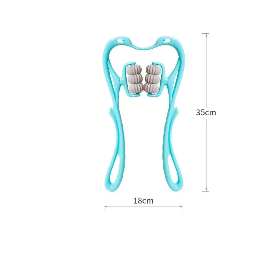 Turquoise six wheel neck massager massage tool made of light blue plastic with four gray ribbed rollers for massager massage relieve