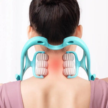 Turquoise six wheel plastic neck massager massage tool with three textured rollers on each side for massager massage relieve
